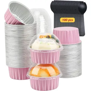 5oz Cupcake Pans with Dome  100 Pack,  Foil Small Cake Baking Tin,Disposable Ramekins Cupcake Baking Cups Containers,Mini Pie Pans Muffin Tins  Cupcake Liners-