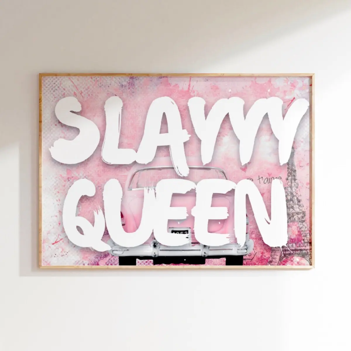 Slay Queen Paris Pink Wall Decor – Trendy Girly , Motivational Preppy Bedroom Wall Art, Horizontal Aesthetic Poster, Room Decor, Unframed