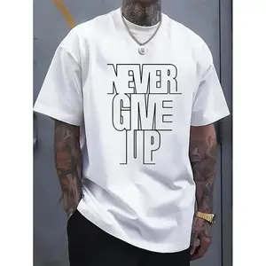 Cotton A Men'S Casual Cotton T-Shirt With The Words "Never Give Up" Printed On It - Crew Neck, Slight Elasticity, Regular Version, Summer Short-Sleeved T-Shirt Suitable For Adults, Large Size Option Golf Gift T-Shirt For Men PLK0010