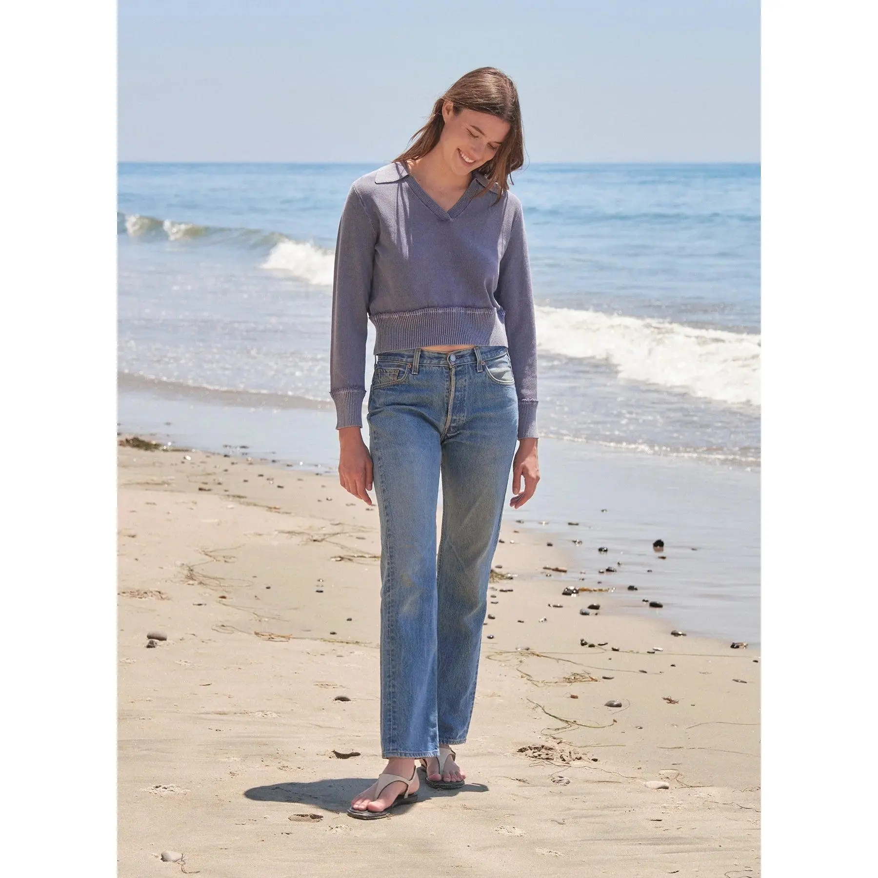 Sundry Acid Wash Johnny Collar Sweater in Vintage Navy