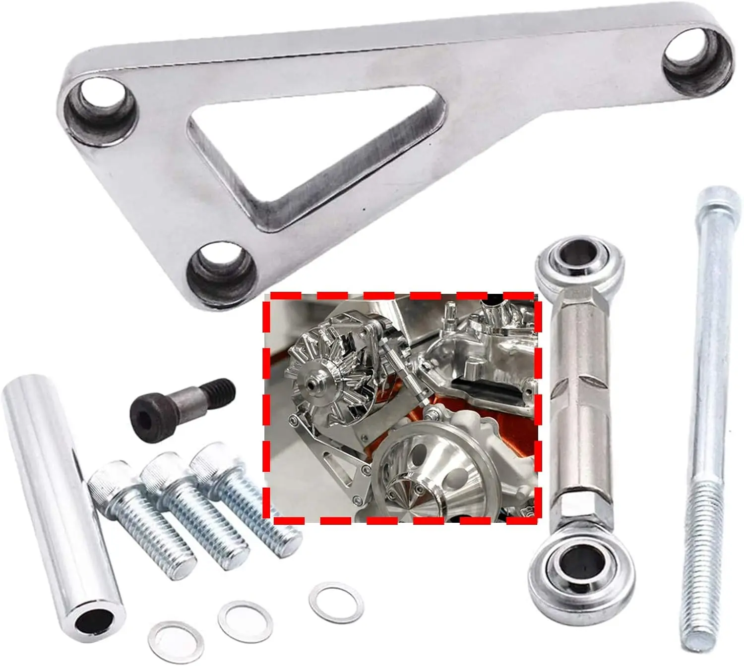 Polished Aluminum Upper-Lower Alternator Bracket Kit, Passenger Side Fit for Chevy SBC 350 Long Water Pump (LWP)