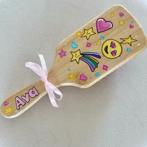 Personalized Hand Painted Hair Brush – Custom Name Wooden Brush with Hearts, Stars & Emoji Design – Cute Kids Hairbrush Gift