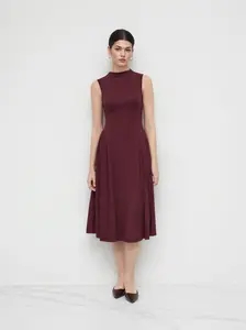 High Neck Solid Ruffle Midi Dress