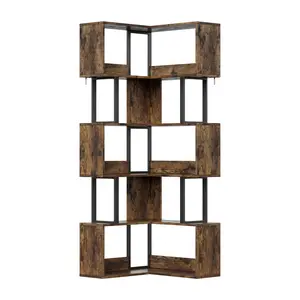 GARVEE L-Shaped 6-Tier Corner Bookshelf – Space-Saving Tall Freestanding Metal & Wood Display Rack with Baffle, Modern Industrial Storage Shelf – Perfect for Living Room, Home Office – Rustic Brown – Maximize Corner Space, Showcase Your Books & Decor!