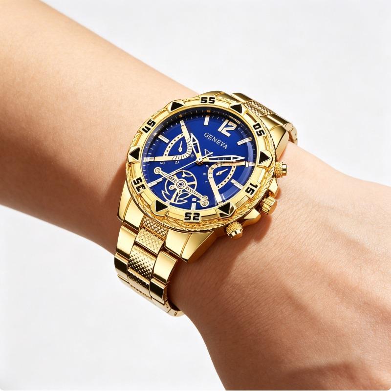 Hip-Hop Style Gold Watch Set | Rugged Chrono + Spear Necklace for Him
