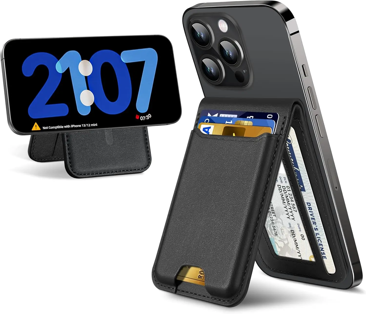 Magnetic Mobile Wallet with Cell Phone Stand for IOS iPhone 17/16/15/14/13/12 Series, Sturdy Vegan Leather, RFID Blocking, Adjustable Stand, ID Window, 6-Card Holder, Black Durable Phone Accessories