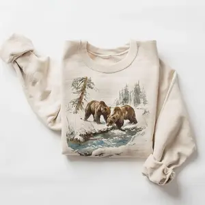 Retro Grizzly Bears Wilderness Scene Sweatshirt - Nineties 90s Vintage Brown Bear Outfit - Boho Unisex Crewneck Sweatshirt
