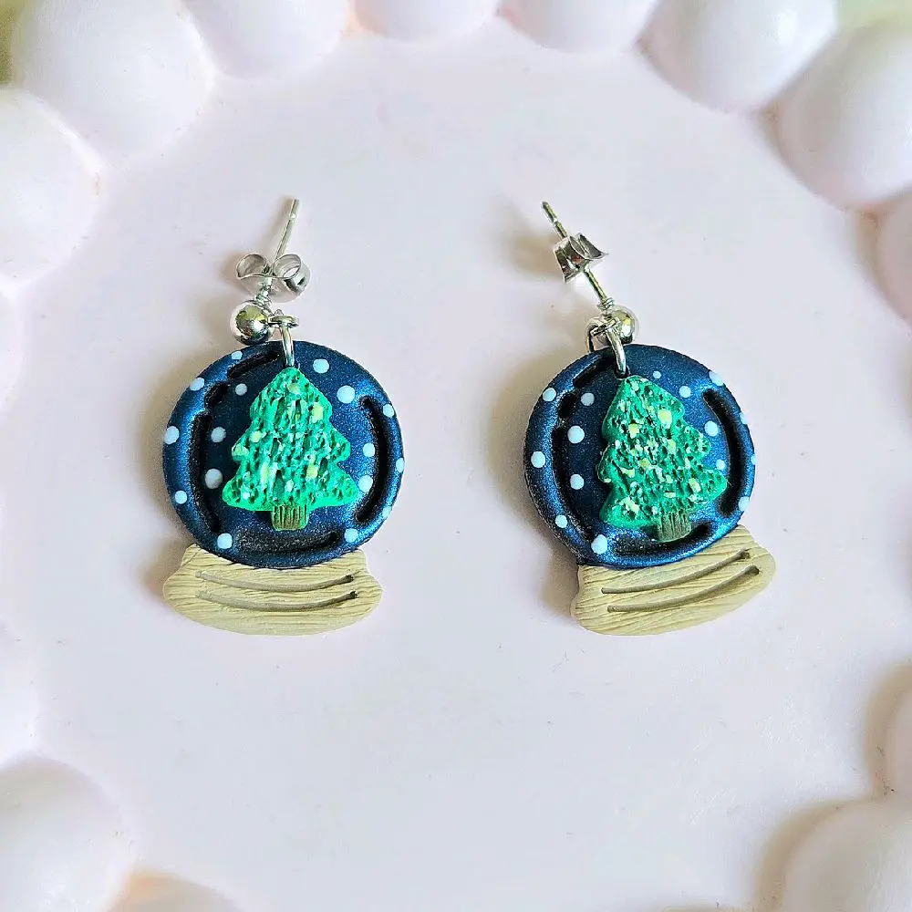 Handmade Polymer Clay Earrings Navy Blue Snow Globe with Green Pine Tree Design Unique Christmas Jewelry