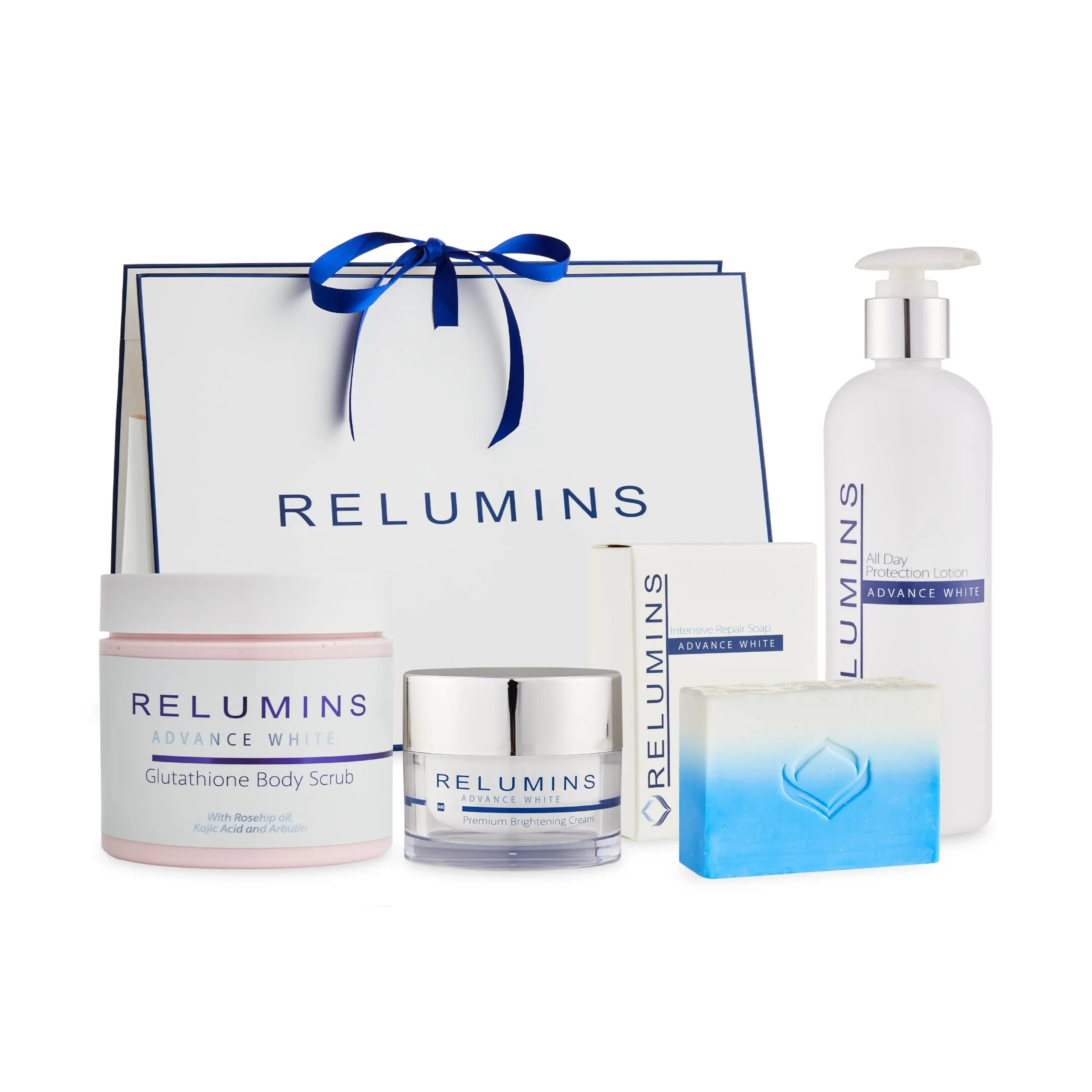 Relumins Advance Repair Body Set – Exfoliating Scrub, Lotion, Soap, Day Cream Bundle - Glutathione Rosehip Argan Oil for Radiant Smooth Skin - Daily Care Routine, for a Glowing Summer Skin