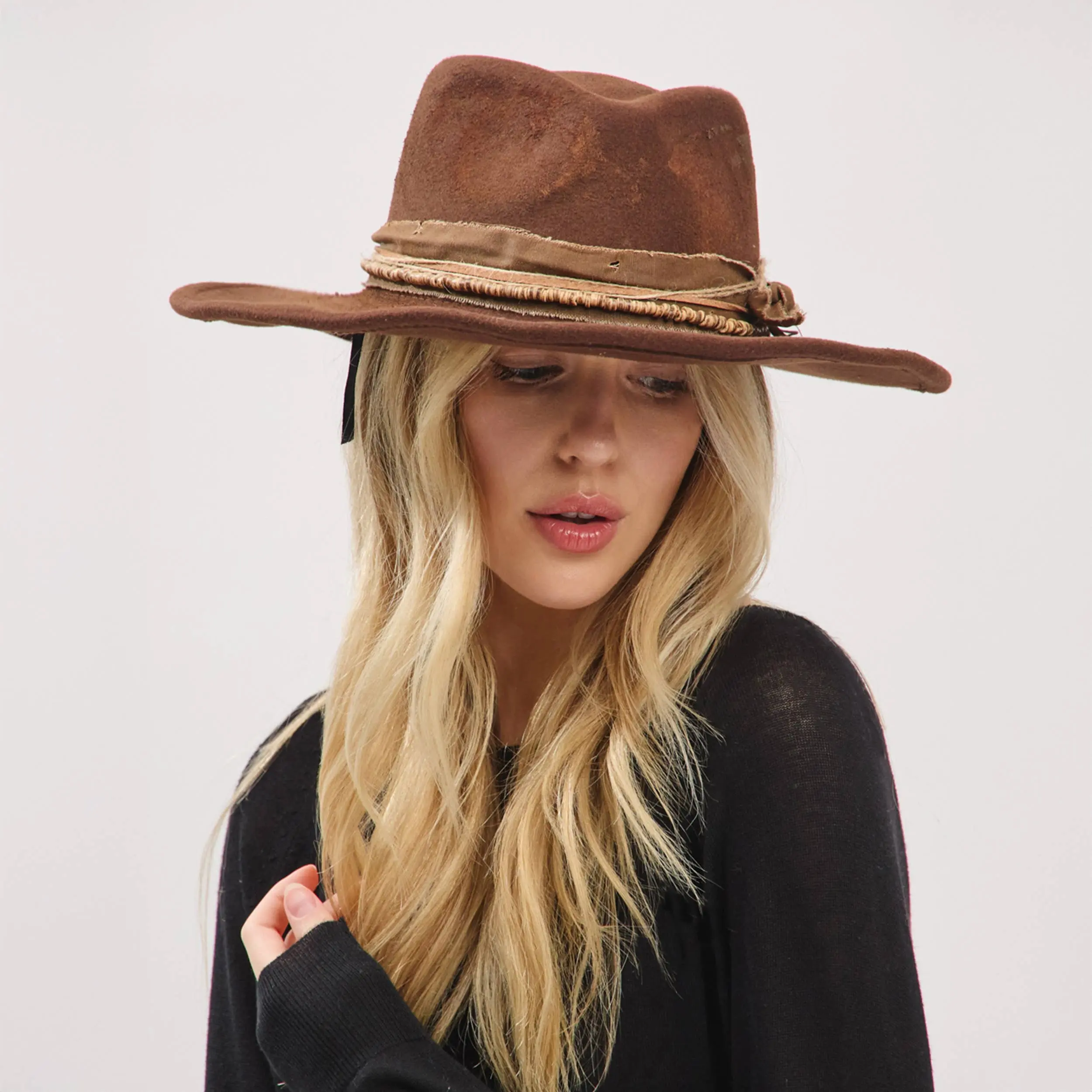 Boho Rustic Distressed Fabric Band Cowgirl Fedora Hat with Shapeable Brim