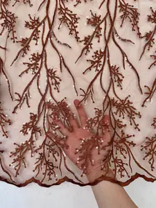 Caramel Embroidered Scalloped Branch Lace