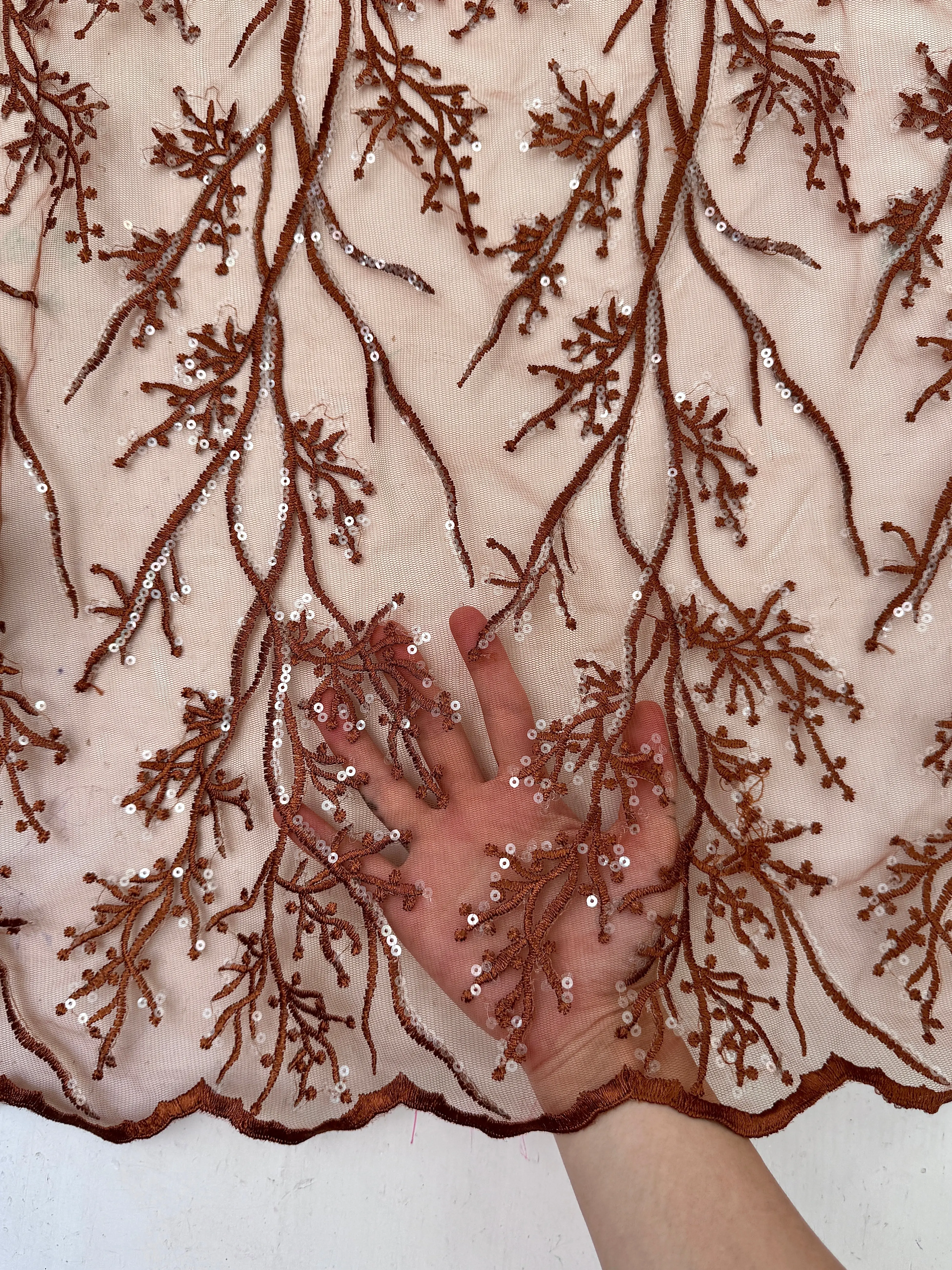 Caramel Embroidered Scalloped Branch Lace