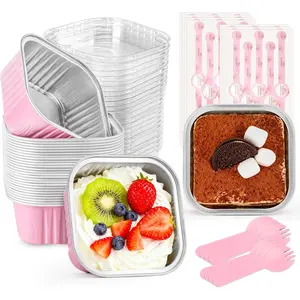 60 Pack Mini Cake Pans with Lids Foil Pans Square Aluminum Pans with Lids Cupcake Liners for Birthday Wedding Party Gift (Pink, 5 oz)