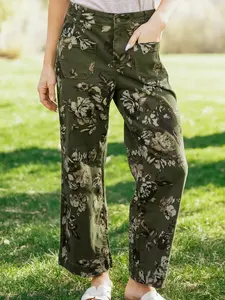 Trendy Boho Floral Denim Pants: Retro Wide Leg Jeans featuring Square Patch Pockets, Aesthetic Botanical Print Trousers with Raw Hem Detail