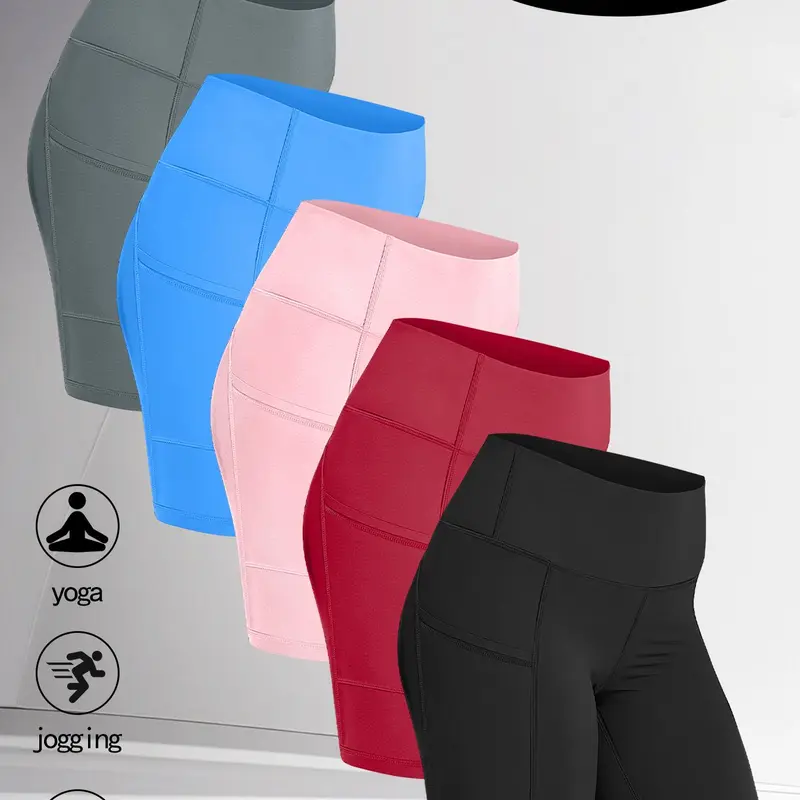 Women's High-Waisted Opaque Fitness Yoga Shorts 5-Pack - Tummy-Flat Waist, Soft, Breathable, Sculpting, Above the Knee, Integrated Pocket Shorts Sportswear for Active Yoga/Running/Tennis