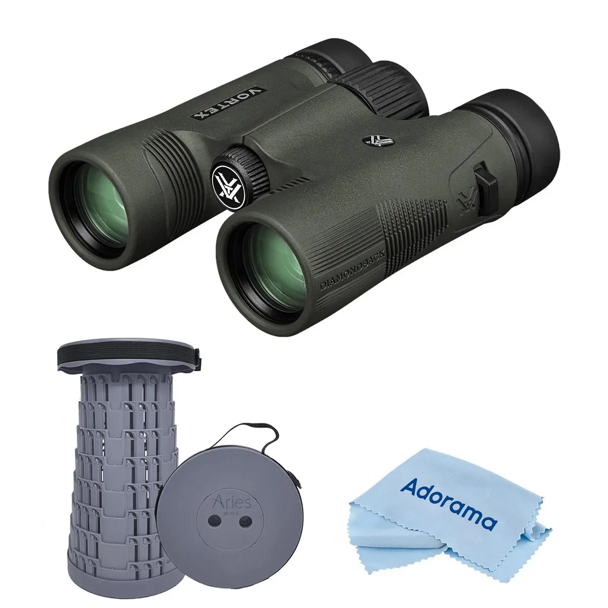 Vortex Optics 10x32 Diamondback HD Roof Prism Binoculars with HD Glass, 6.5-Degree Angle of View, Waterproof Design for Hiking & Outdoor Viewing, Bundled with Telescoping Stool/Chair & Cleaning Cloth