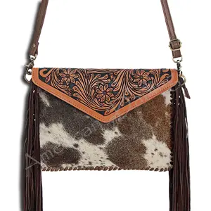 American Darling Western Envelope Crossbody, Hand Tooled Floral Leather & Hair-On Cowhide Bag with Fringes, 8in (H) X 11in (W)