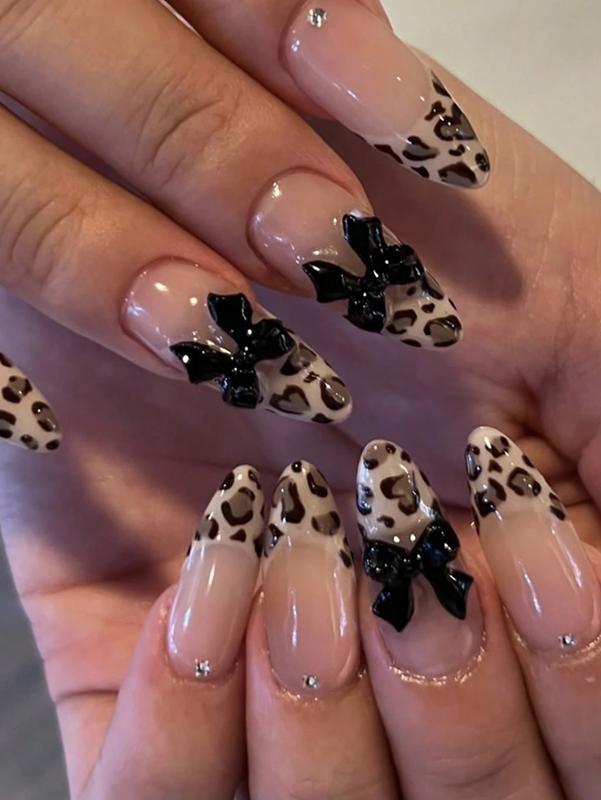 24-Piece Medium Almond Press-On Nails with Leopard Print French Tip & 3D Black Bow - Glossy Nude Pink Base, Full-Cover Artificial Nails for Daily Wear​