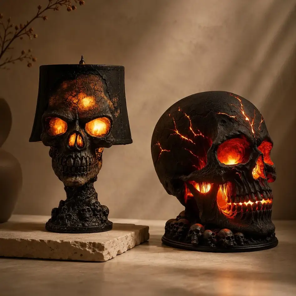 Gothic Skull Lamp Set, Spooky Resin Human Skull Decor with Glowing Lava Crackle LED, Perfect for Halloween Party, Haunted House, Desk, Nightstand or Dark Academia Room Aesthetics, Unique Horror-Themed Gift for Goth Lovers, Durable Home Accent