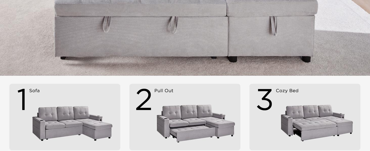 [Ships in 2 Boxes] AMERLIFE Sleeper Sofa, Modern Tufted Convertible Sofa Bed, USB Charging Ports & Cup Holders, Couch with Storage Chaise/Christmas Gift/Best Gift Ideas