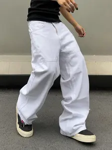 Men's Solid Color Wide Leg Loose Fit Denim Jeans, Loose Casual Comfy Trousers for Daily Wear, Woven Bottoms for All Seasons, Cotton