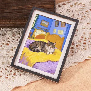 Van Gogh Style Cat Mini Photo Frame Fridge Magnet, Lazy Tabby Cat Resting on Bed, Perfect Gift for Art Lovers, Suitable for Living Room Bedroom Study