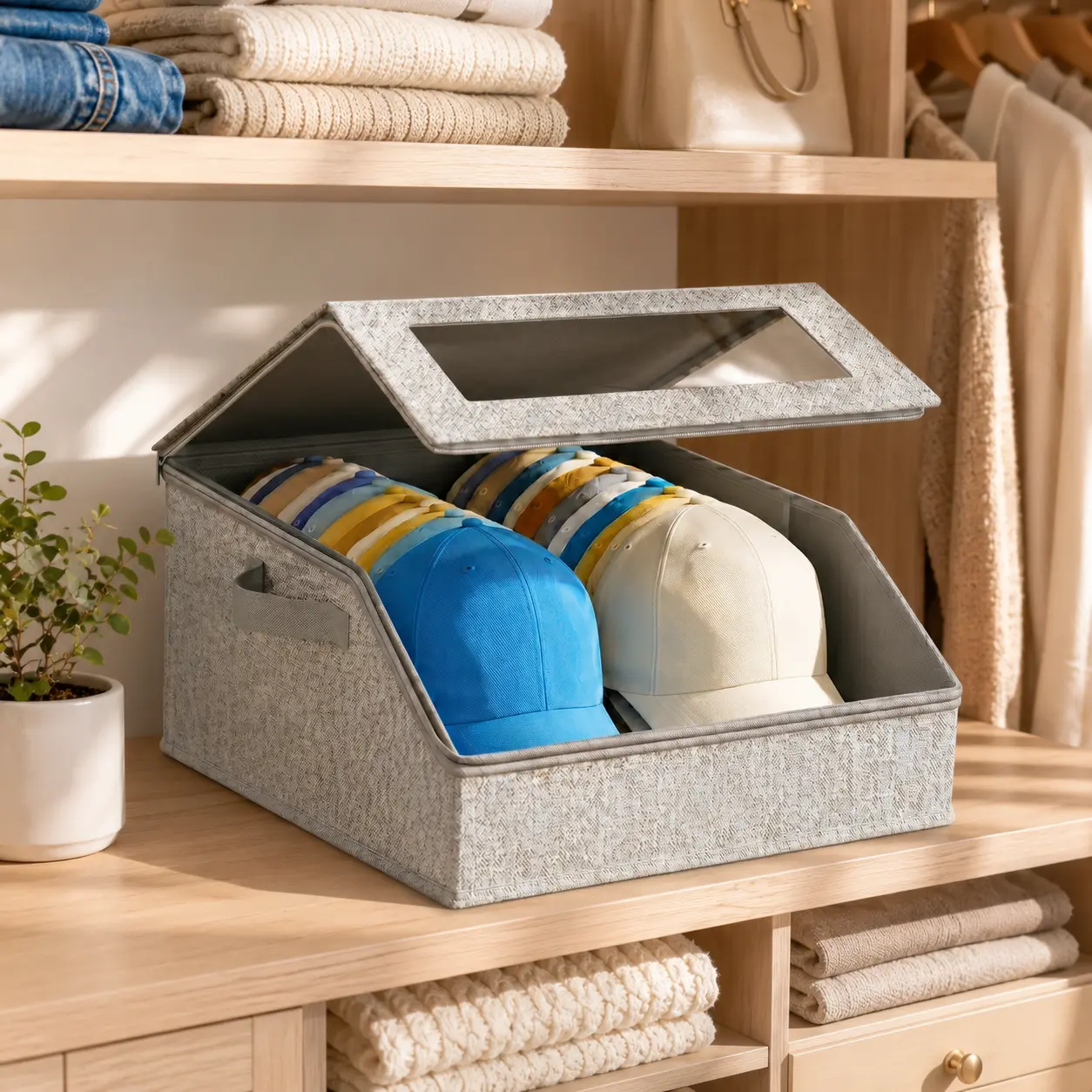 Large Stackable Hat Storage Box for Baseball Caps, Holds Up to 24 Hats, Reinforced Closet Organizer with Zipper, Handle and Clear Window for Snapbacks, Trucker Hats, Visors, Golf Hats and Wardrobe Organization