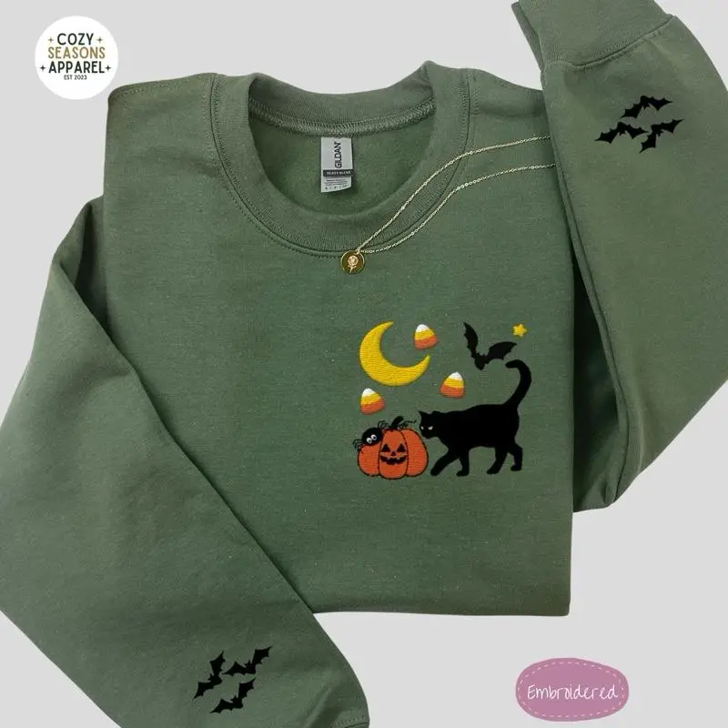 Women's Embroidered Halloween Black Cat Jack o' Lantern Bat-Sleeve Comfy Long-Sleeve Casual Top, Halloween Sweatshirt, Fall Spooky Gift for Cat Lovers