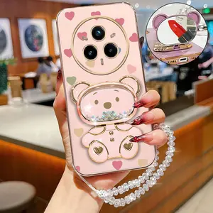 Realme 14 Pro Fashion Series Sparkling Crystal Strap Lanyard Phone Holder Case For Compatible With Realme 14 Pro Plating Cover and Impact Resistant Mini Love Happy Bear Protector Cases