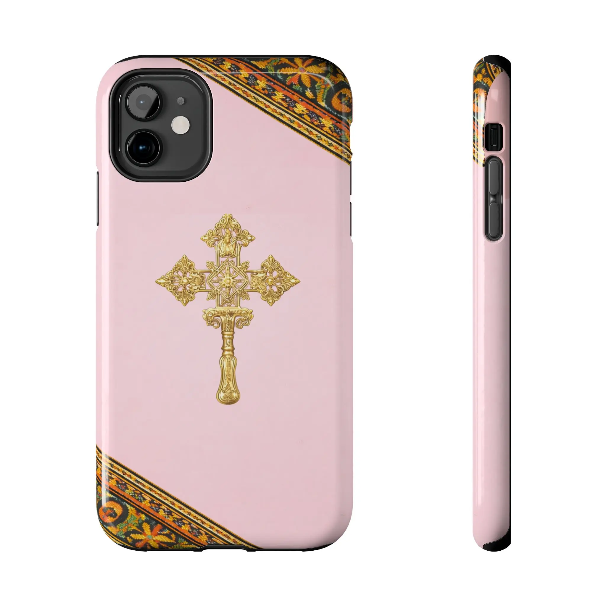 Pink Ethiopian Cross Tough Smartphone Case, Orthodox Christian Habesha Design Casing, Handheld Phone Accessories with Protection for iPhone