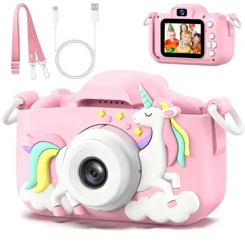 Kids Electronic Digital Camera Kit - 1080P HD 48-Megapixel Dual-Lens LCD Camera with Recording, 5 Games, Multiple Filters, ABS Body, Pink Toy for 6+ Yrs Girls, Birthday Gift (Cells Included)