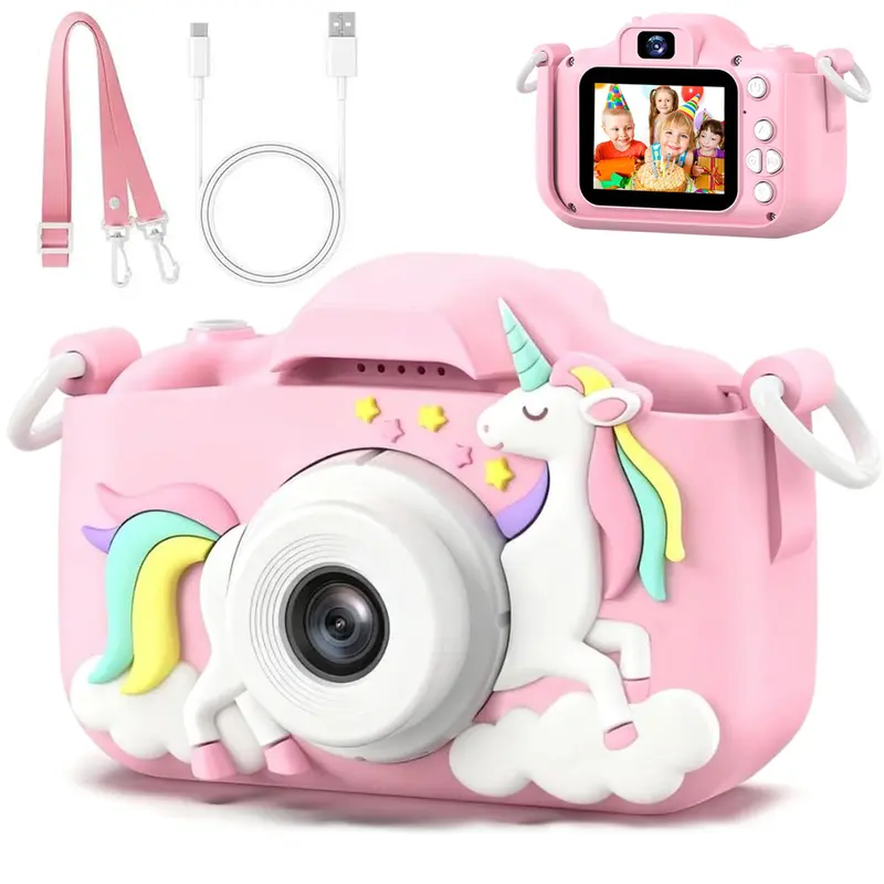 Kids Electronic Digital Camera Kit - 1080P HD 48-Megapixel Dual-Lens LCD Camera with Recording, 5 Games, Multiple Filters, ABS Body, Pink Toy for 6+ Yrs Girls, Birthday Gift (Cells Included)