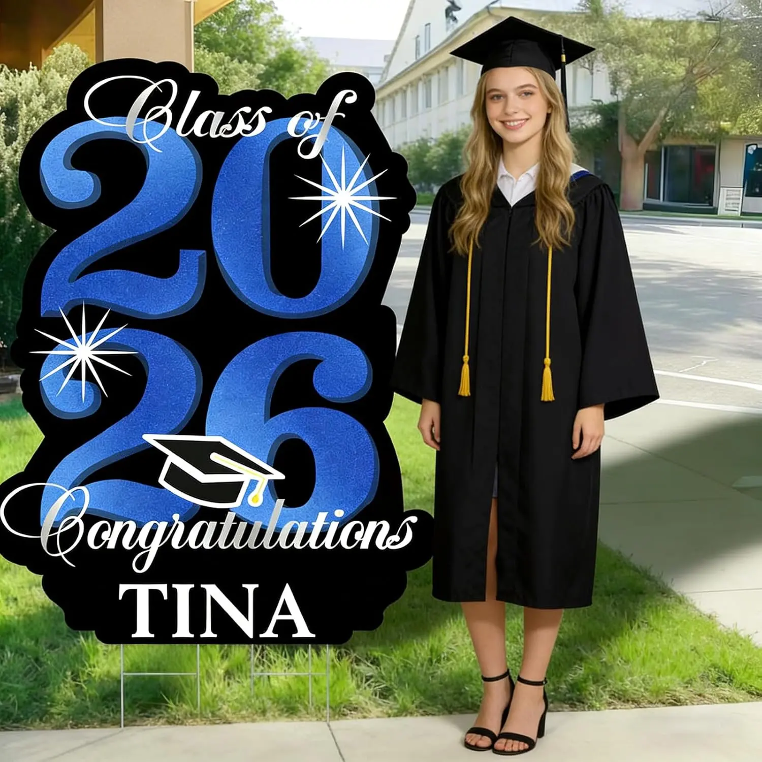 2026 Graduation Yard Sign Decoration,40 Inch Glitter Congrats Graduation Lawn Yard Signs with Stakes for Outdoor Large  Personalized Congrats Graduation Party Decoration Class of 2026(Blue)