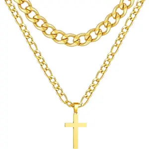 APSVO Layered Gold Cross Necklace for Men Boys Stainless Steel Cuban Figaro Pendant Chain Set Religious Christian Birthday Christmas Jewelry Gifts