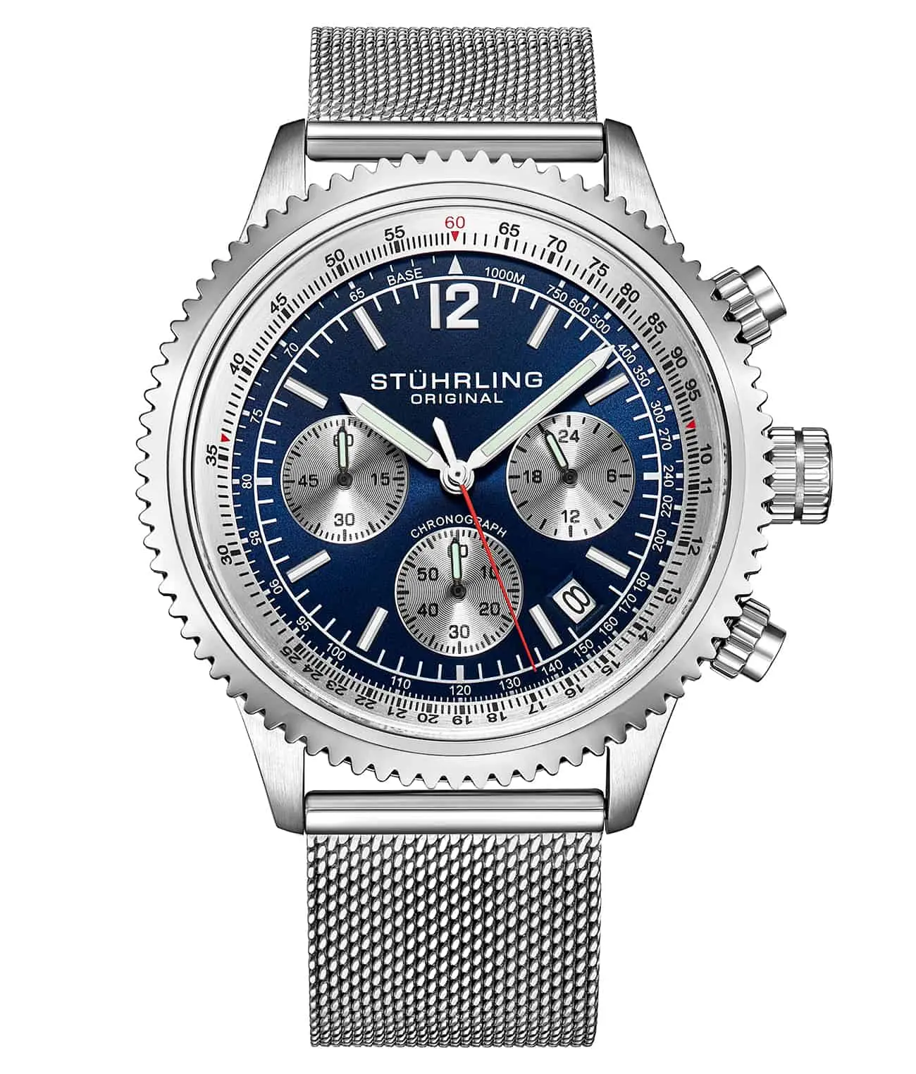 Men's Sporty Chronograph Watch, Turbine 4015 44mm Stainless Steel Case with Tachymeter Scale and 5 ATM Water Resistant Mesh Bracelet, Waterproof Sport Watch