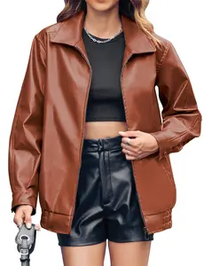 Womens Oversized Leather Jackets Faux Casual Zip Up Trendy Bomber Motorcycle Jacket with Pockets