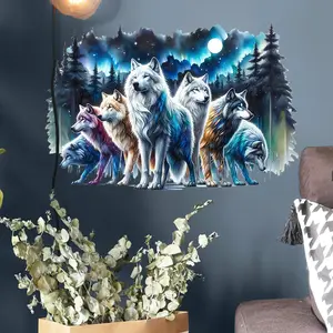 1 set of Pink Fantasy Aurora Wolf Pack Wall Decals - Realistic Forest Moon Night Animal Decor - Self-adhesive Waterproof Removeable Wall Paper for Living Room and Bedroom Background