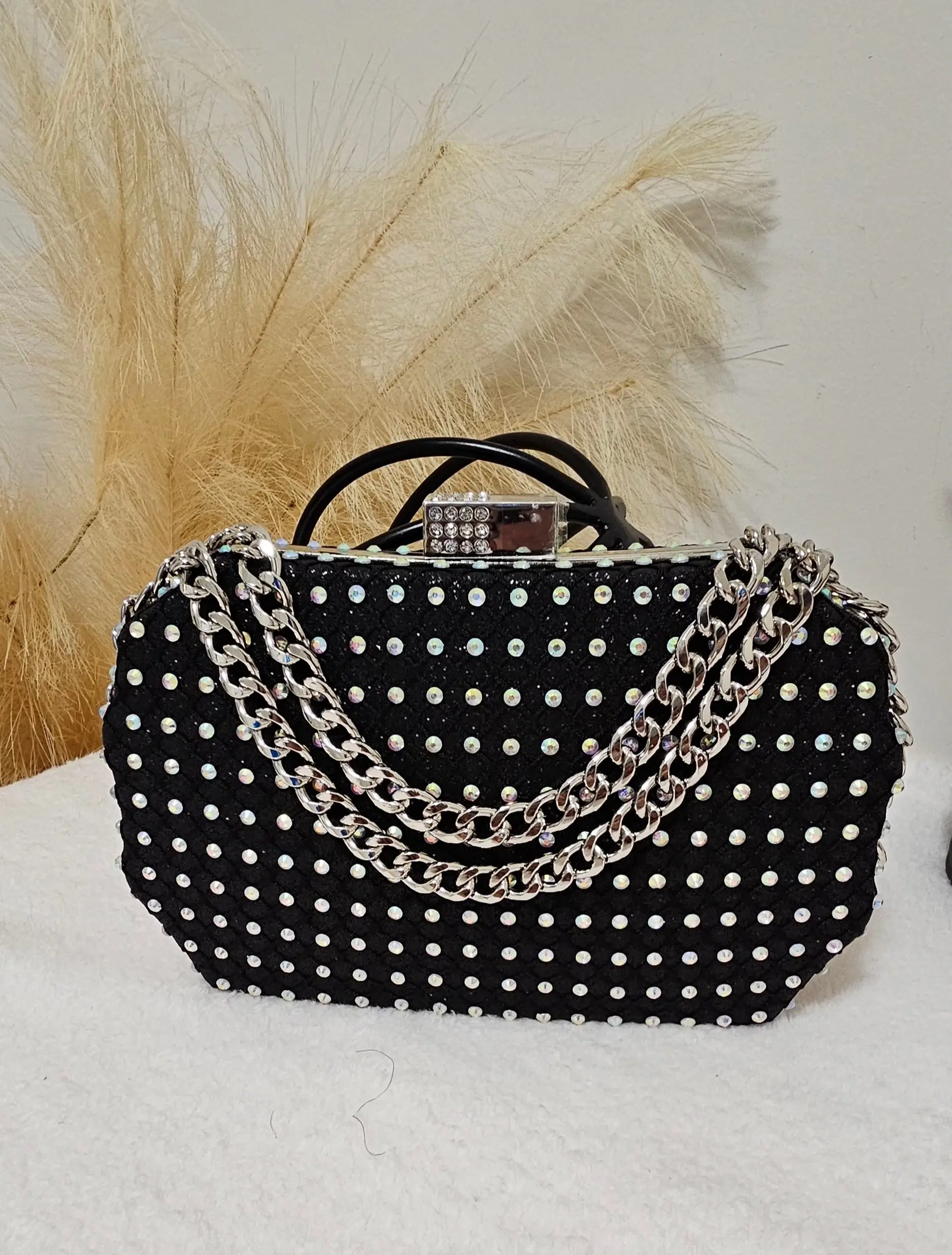 DAZZLE ME CHAIN CLUTCH - BLACK with Chain Detailing and Polka Dot Design