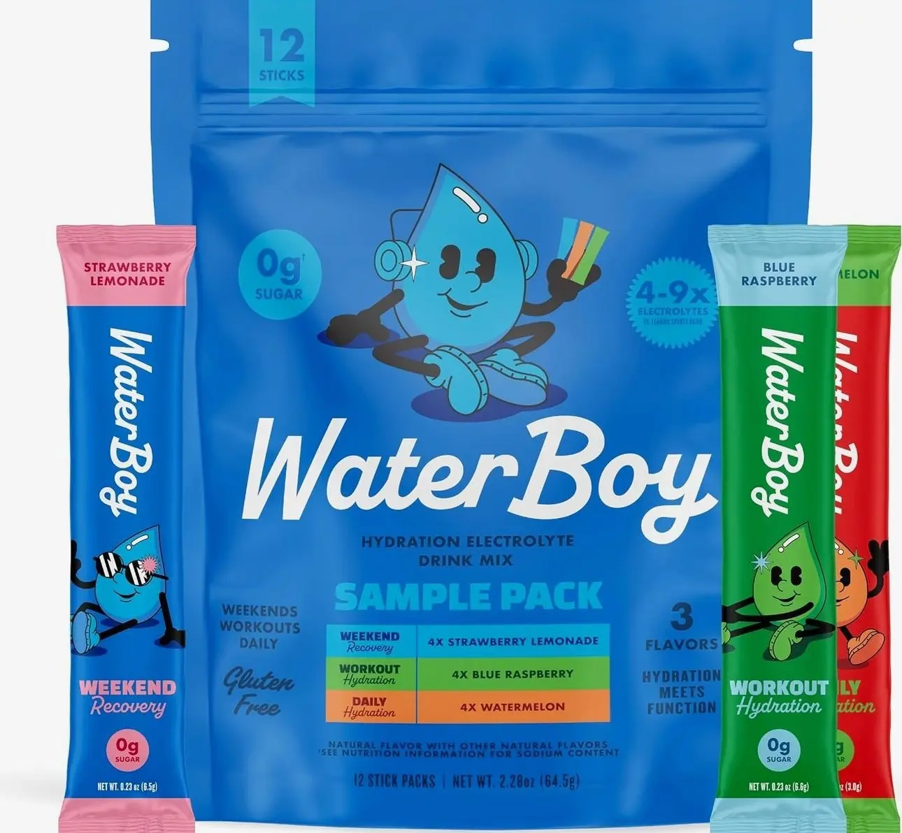 Waterboy Hydration Recovery, Sample Pack, Sugar Free Electrolytes 12ct | Hydration Packet Drink Mix Made with Premium Pink Himalayan Salt for Daily Hydration, Keto Friendly, Non GMO, Vegan, No Sugar
