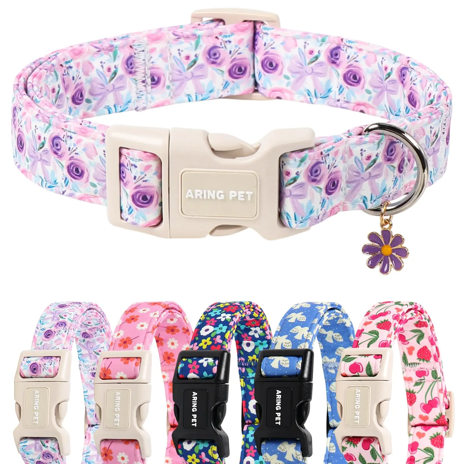 ARING PET Adjustable Chew-Resistant Cotton Collar - Cute Purple Rose Floral Detachable Bow Collar for Small-Medium-Large Female Puppies, XS Fit for Daily Walking, Training, Beach Use