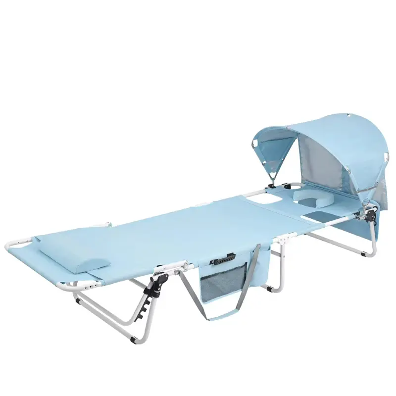 Multi Purpose Beach Tanning Chair with Adjustable Canopy UPF 50+ Soft Headrest Pillow & Side Storage Pocket