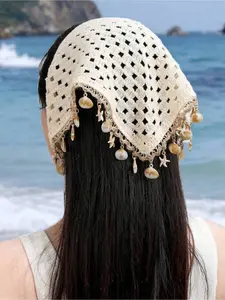 OFFGIRD x 1pc Women Bandana Beige Seashell & Starfish Crochet Hollow Out Tasseled Headband, Summer Bohemian Hair Accessories, Suitable For Daily Wear, Sports, Beach, & Holiday Matching Fashion Head Wrap Casual Hair Bands, Headscarf Fall Winter Fo