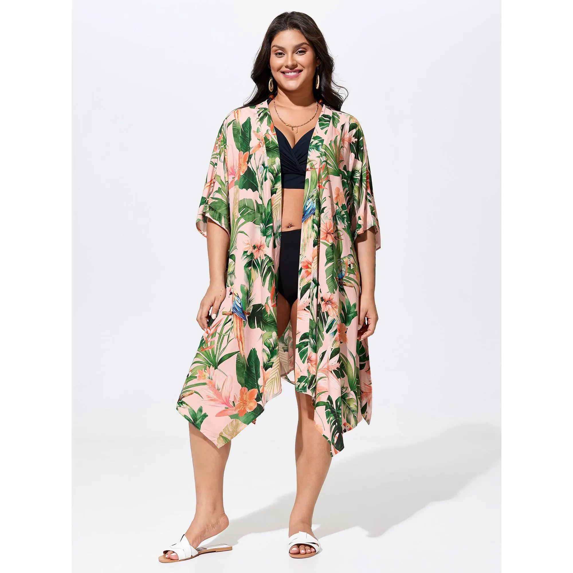 BloomChic Women's Plus Size Tropical Rayon Kimono, Open Front Beach Cover Up with a Waist Tie for Summer, Garment, Fit
