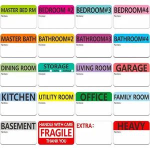 500 Pcs 20 Designs Pre-Printed Color-Coded Home Moving Packing Box Labels with Writable Notes Areas, Each Measuring 2” x 3”