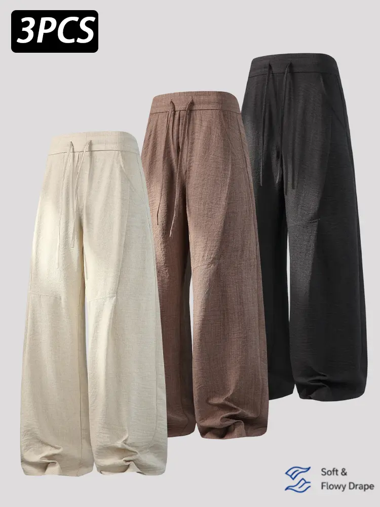 1/2/3 Pack Men's Linen-Like Wide Leg Pants, Relaxed Fit Casual Trousers with Elastic Waist and Drawstring, Lightweight Loose Lounge Pants for Daily Wear, Travel, Vacation, Yoga, Streetwear and All-Season Outfits