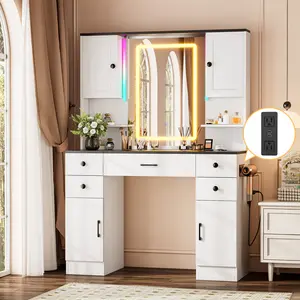[Valentine's Day gift] Vanity Desk with Large Mirror and Lights, Makeup Vanity with Charging Station, 5 Drawers & 4 Storage, 3 Lighting Color Adjustable, Vanity Desk for Bedroom