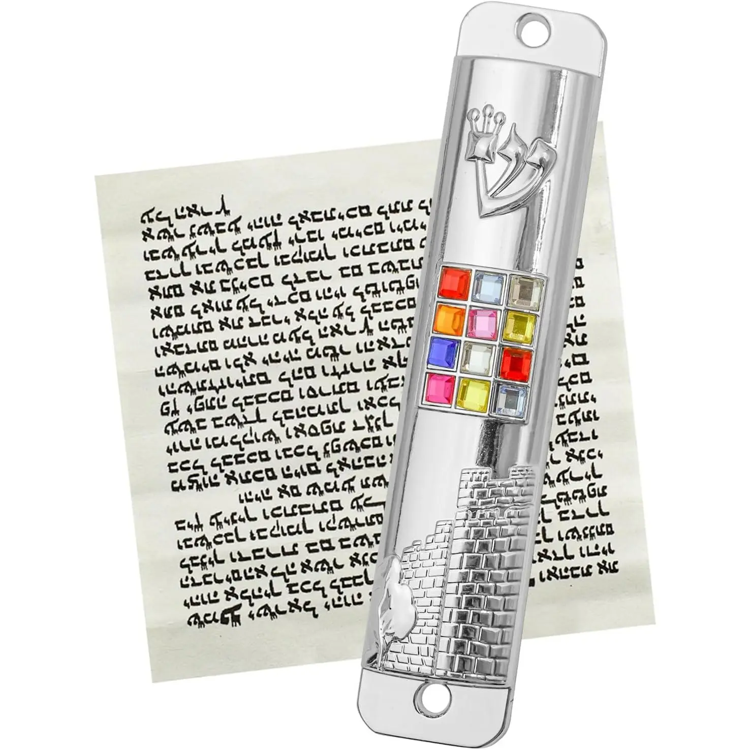 Silver Alloy Metal Mezuzah Case Set with Scroll - 12 Tribes of Israel Hoshen Stones, Transparent Multicolor Ornaments, Hebrew Home Blessing, 0.86x4.17 in, Corrosion Resistant, Durable Judaism Religious Door Hanging Decor for Hanukkah Housewarming Gift, Je
