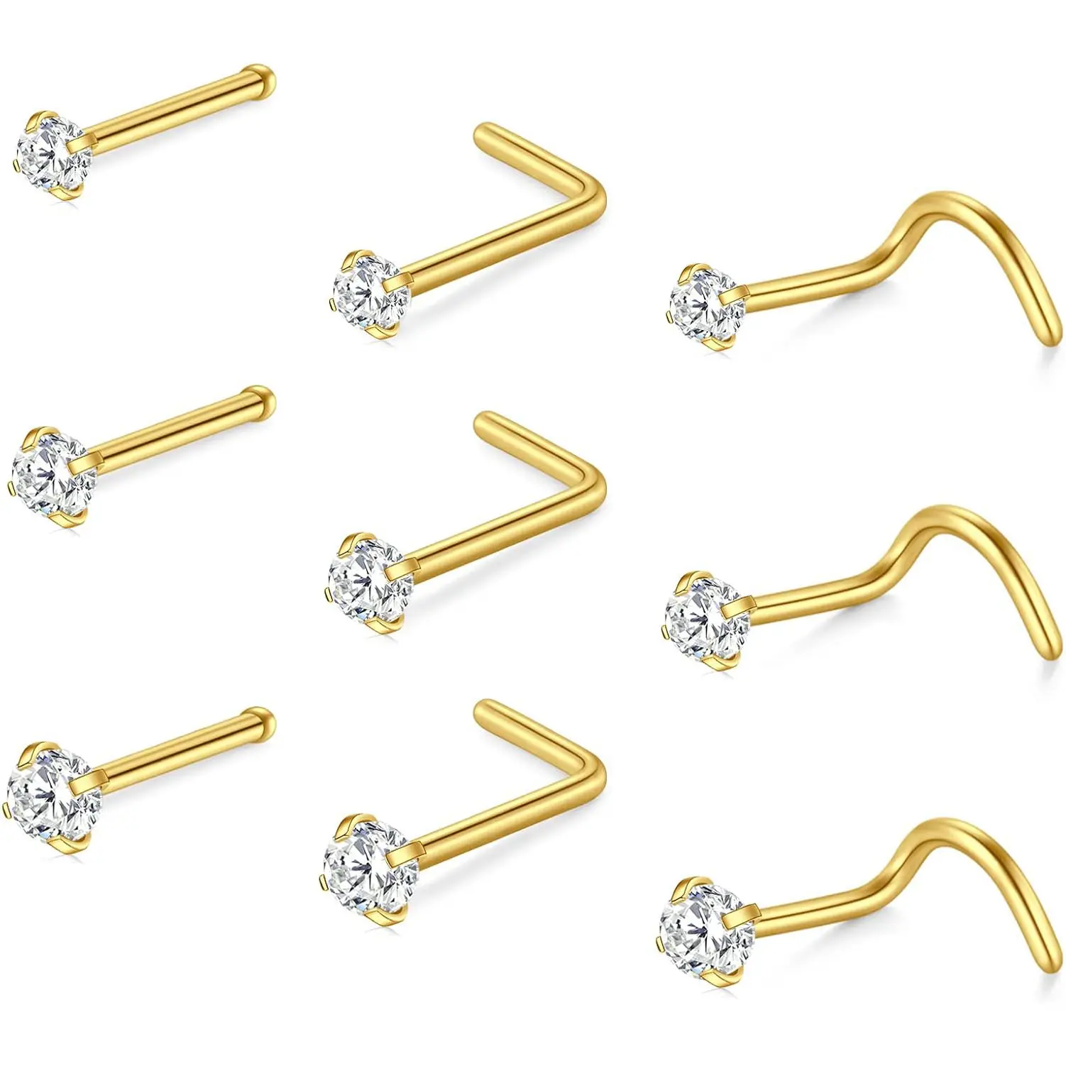 Nose Studs 18G 20G 22G Nose Stud L-shaped Nose Studs Corkscrew Nose Rings Nose piercing Stud Nose Ring Nose Screw Nose Bone Tiny Small Nose Stud Silver Gold