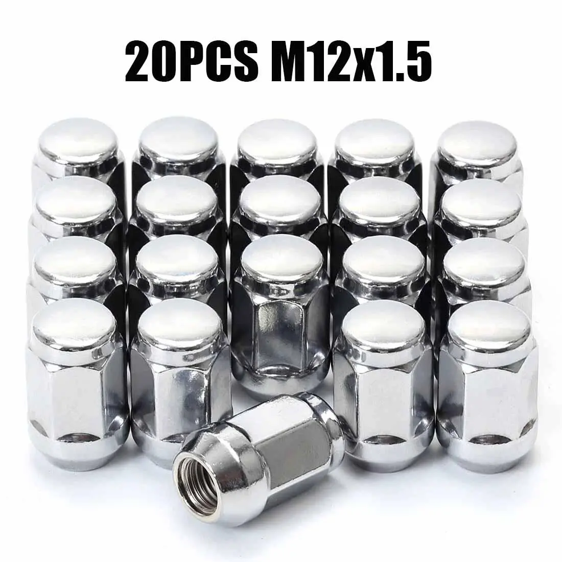 19mm Hex M12x1.5 Wheel Lug Nuts 20‑Piece Set, 35mm Height Chrome Plated Steel Fasteners, OEM Replacement Hardware for Ford Fusion Escape Focus and Lincoln MKC MKZ