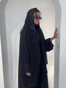 Wave Embroidered Loose Fit Modesty Abaya Robe with Attached Hijab, Elegant Long Cardigan for All Seasons, Middle Eastern Luxurious Women's Clothing
